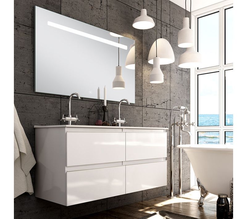 Meuble De Salle De Bain Double Vasque - 4 Tiroirs - Balea Et Miroir LED Stam - Blanc - 120cm