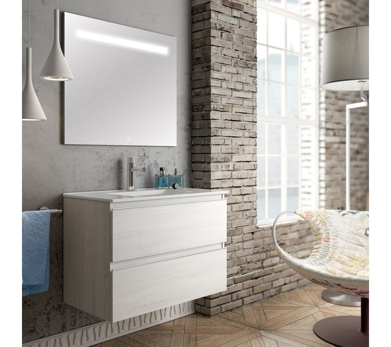 Meuble De Salle De Bain Simple Vasque - Balea Et Miroir LED Stam - Hibernian (bois Blanchi) - 100cm