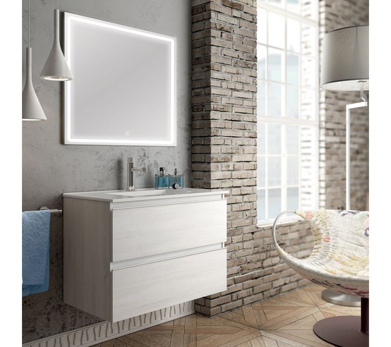 Meuble De Salle De Bain Simple Vasque - Balea Et Miroir LED Veldi - Hibernian (bois Blanchi) - 80cm