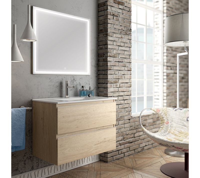 Meuble De Salle De Bain Simple Vasque - Balea Et Miroir LED Veldi - Bambou (chêne Clair) - 80cm