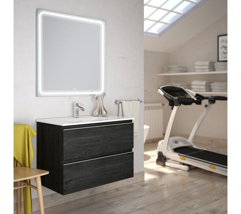 Meuble De Salle De Bain Simple Vasque - Balea Et Miroir LED Veldi - Ebony (bois Noir) - 70cm