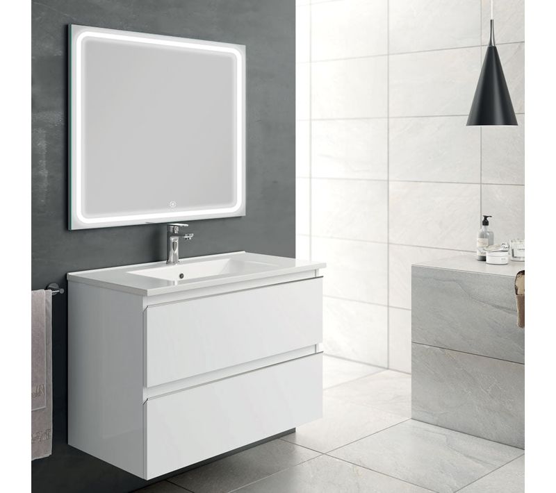 Meuble De Salle De Bain Simple Vasque - 2 Tiroirs - Balea Et Miroir LED Veldi - Blanc - 60cm