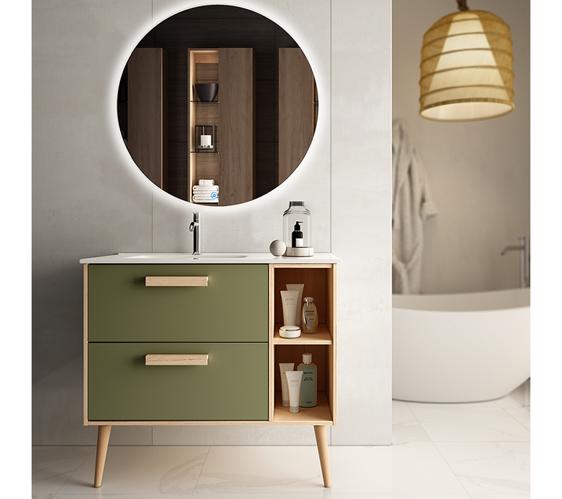 Meuble De Salle De Bain Vasque Déportée - Malia Et Miroir Rond LED Solen - Vert Olive - 80cm