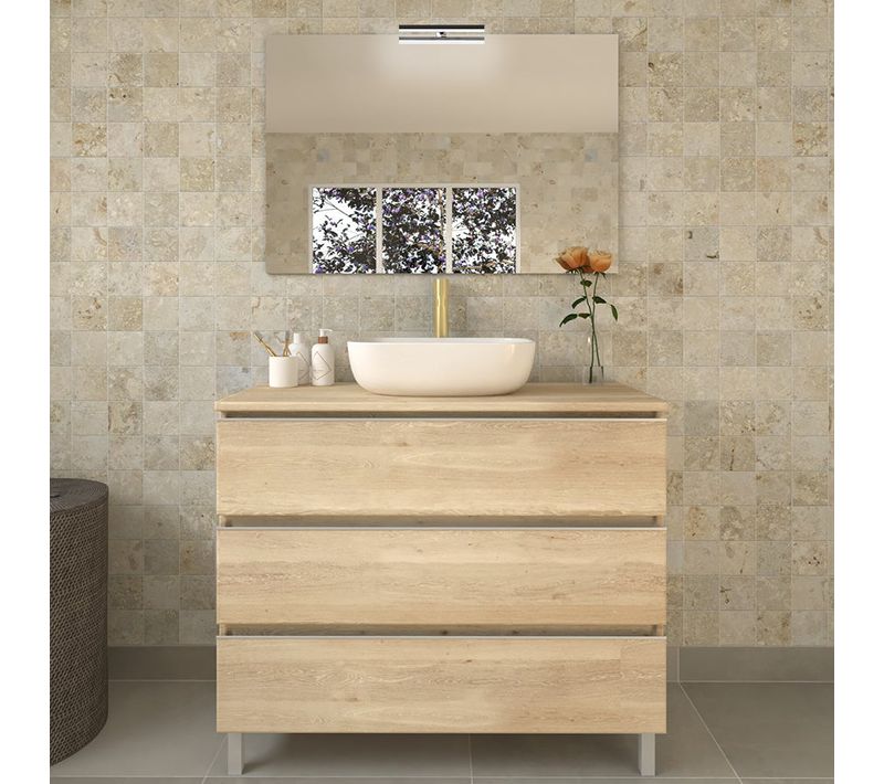Meuble De Salle De Bain Avec Vasque à Poser Arrondie Et Miroir Applique Palma - Chêne Clair- 100cm