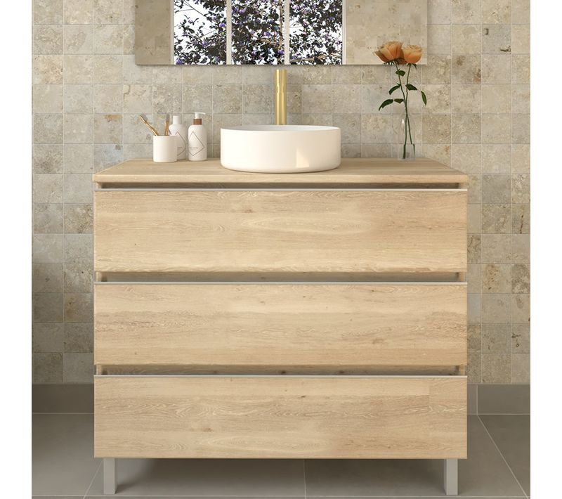 Meuble De Salle De Bain Sans Miroir Avec Vasque à Poser Ronde Palma - Bambou (chêne Clair) - 100cm