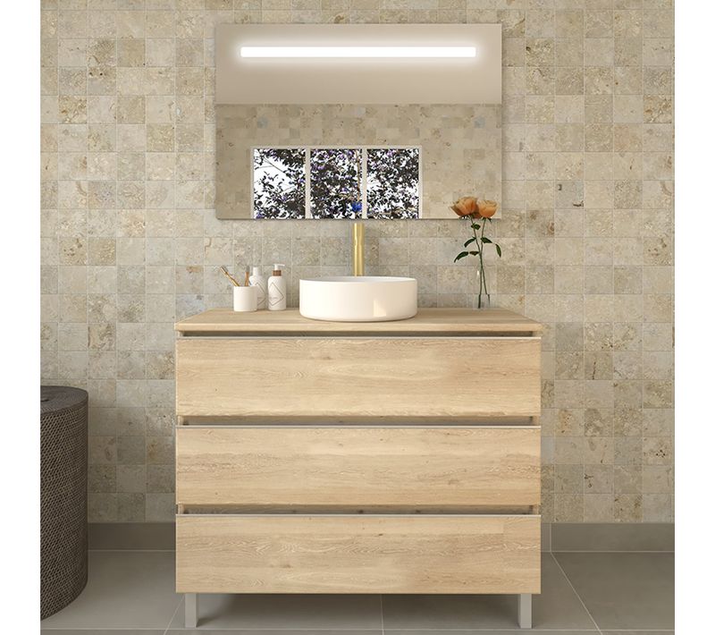 Meuble De Salle De Bain Avec Vasque à Poser Ronde Palma Et Miroir LED Stam - Chêne Clair- 80cm