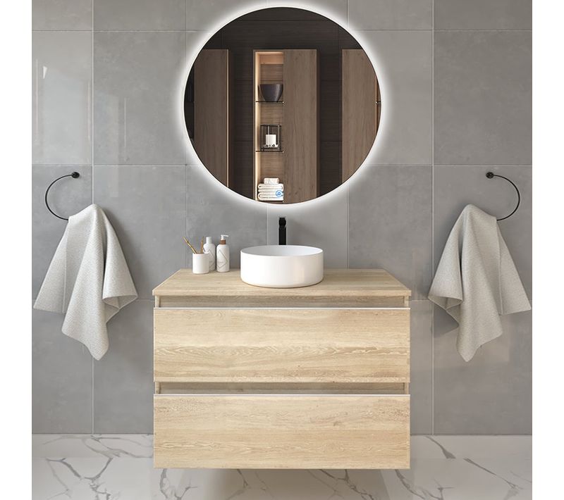 Meuble De Salle De Bain Avec Vasque à Poser Ronde Balea Et Miroir LED Solen - Chêne Clair- 80cm