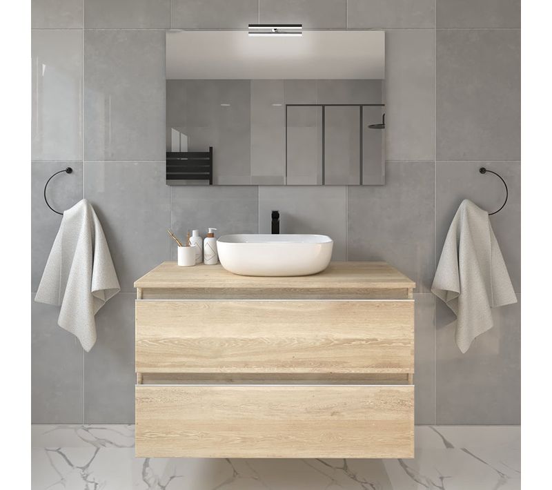 Meuble De Salle De Bain Avec Vasque à Poser Arrondie Et Miroir Balea - Chêne Clair- 70cm