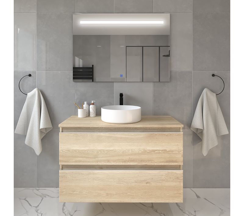Meuble De Salle De Bain Avec Vasque à Poser Ronde Balea Et Miroir LED Stam - Chêne Clair- 70cm