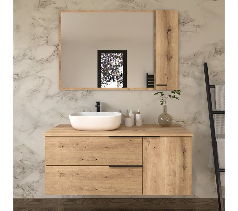 Meuble De Salle De Bain 120cm Avec Vasque à Poser Arrondie Et Miroir Armoirette King - Chêne Clair