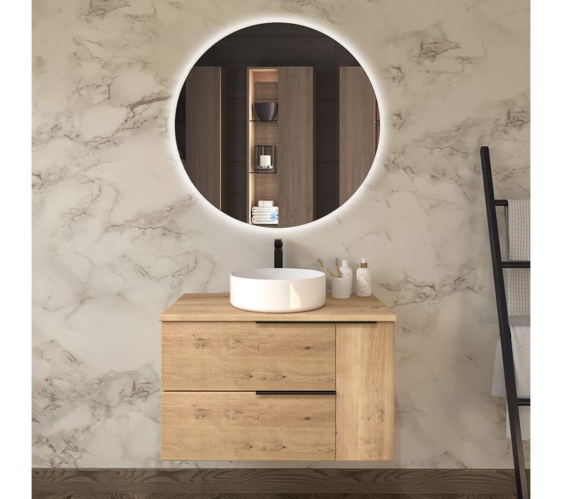 Meuble De Salle De Bain 80cm Avec Vasque à Poser Ronde King Et Miroir Rond Solen - Chêne Clair