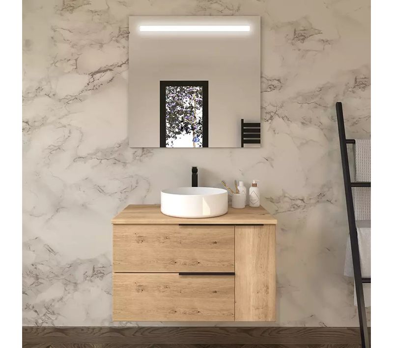 Meuble De Salle De Bain 80cm Avec Vasque à Poser Ronde King Et Miroir LED Stam - Chêne Clair