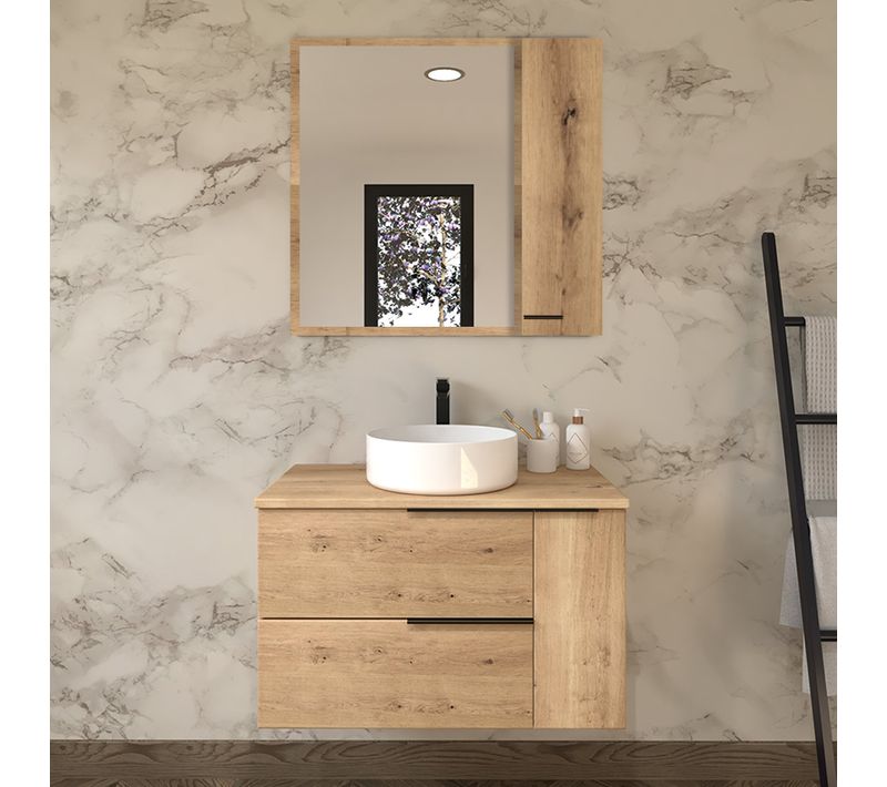 Meuble De Salle De Bain 80cm Avec Vasque à Poser Ronde Et Miroir Avec Armoirette King - Chêne Clair