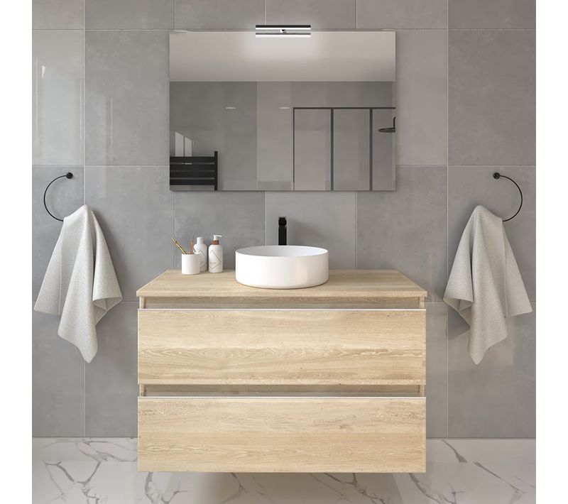 Meuble De Salle De Bain 2 Tiroirs Avec Vasque à Poser Ronde Balea - Bambou (chêne Clair) - 100cm