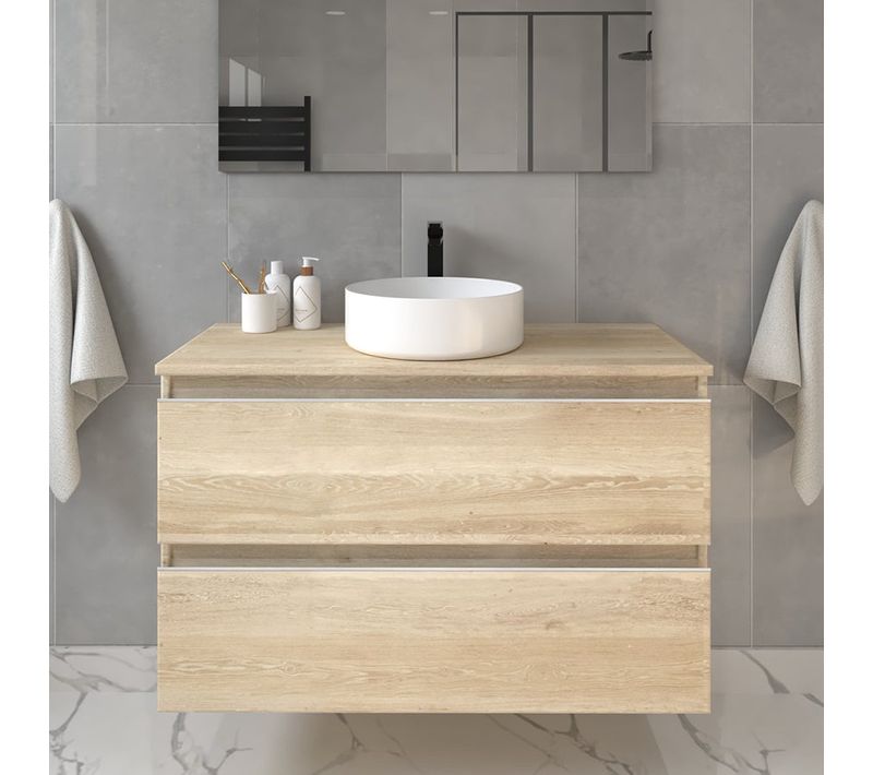 Meuble De Salle De Bain Sans Miroir Avec Vasque à Poser Ronde Balea - Bambou (chêne Clair) - 100cm