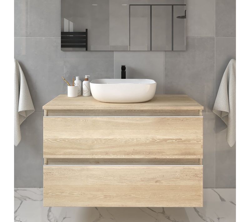 Meuble De Salle De Bain Sans Miroir Avec Vasque à Poser Arrondie Balea - Chêne Clair- 100cm