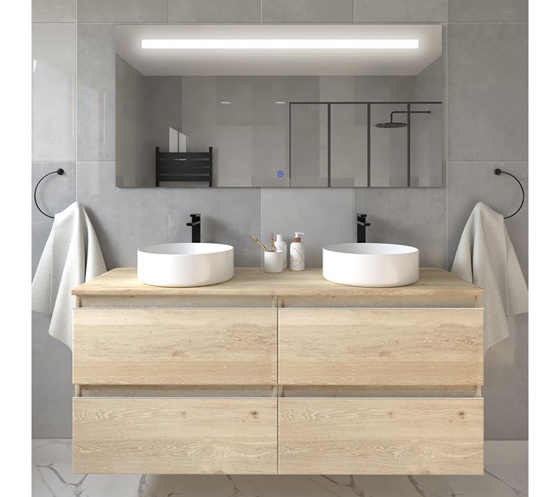 Meuble De Salle De Bain Avec Vasques Rondes Balea Et Miroir LED Stam - Bambou (chêne Clair) - 120cm