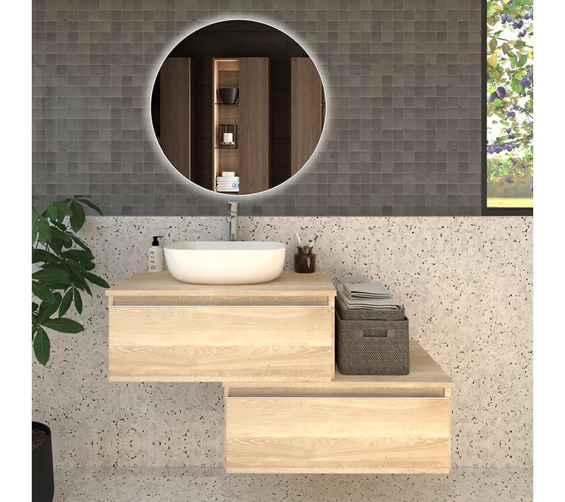 Meuble De Salle De Bain Avec Vasque à Poser Arrondie Pena Et Miroir LED Solen - Chêne Clair- 120cm