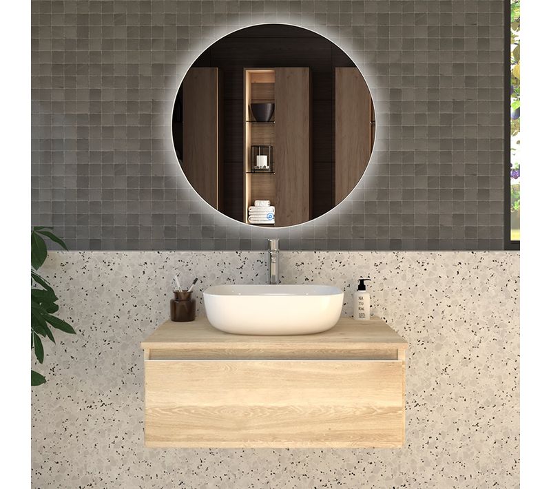 Meuble De Salle De Bain Avec Vasque à Poser Arrondie Pena Et Miroir LED Solen - Chêne Clair- 80cm