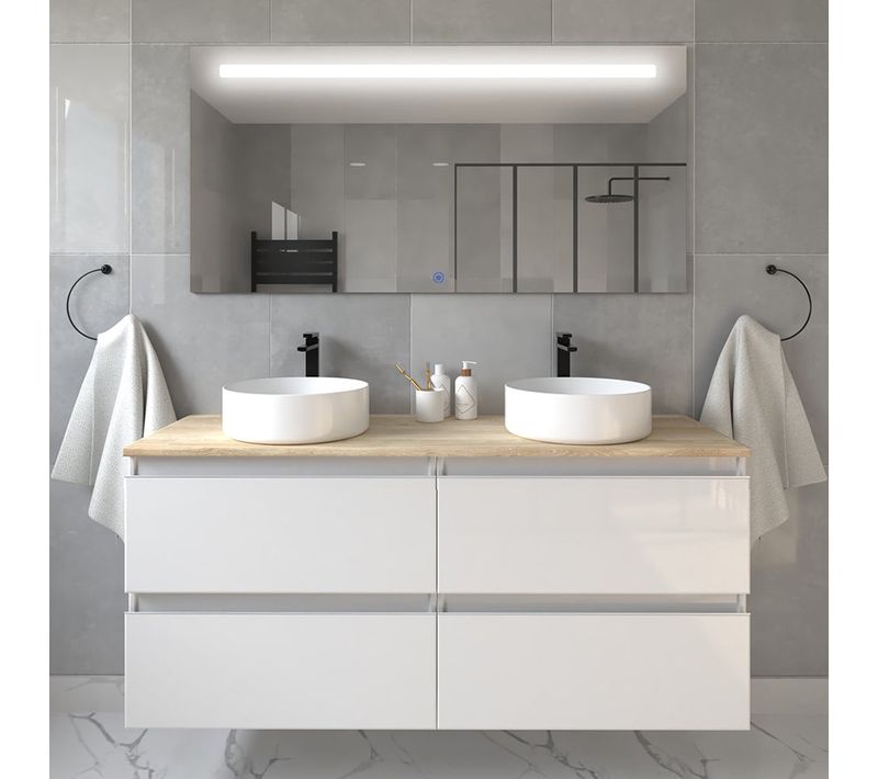 Meuble De Salle De Bain Avec Vasques Rondes Balea Et Miroir LED Stam - Blanc - 120cm