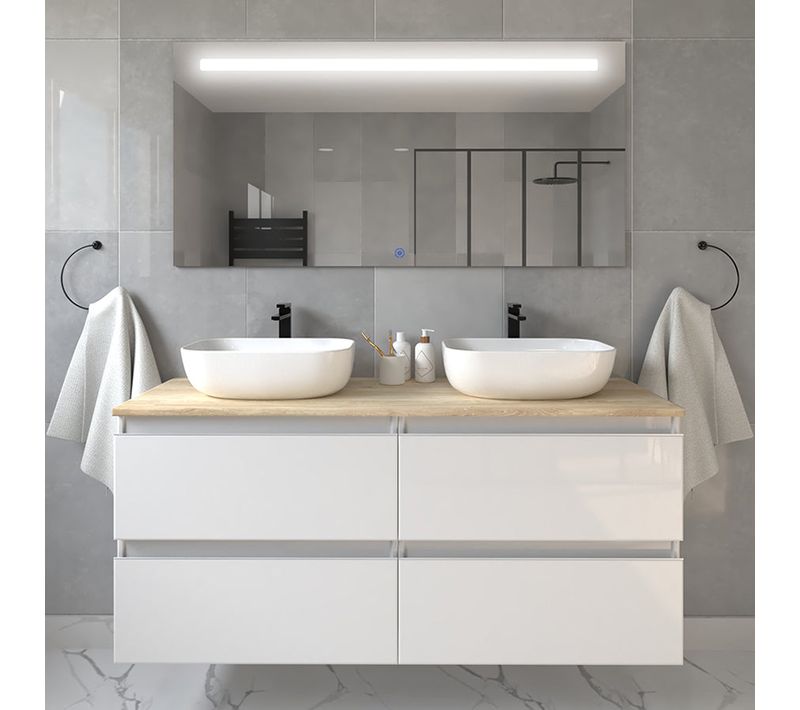Meuble De Salle De Bain Avec Vasques à Bords Arrondies Balea Et Miroir LED Stam - Blanc - 120cm