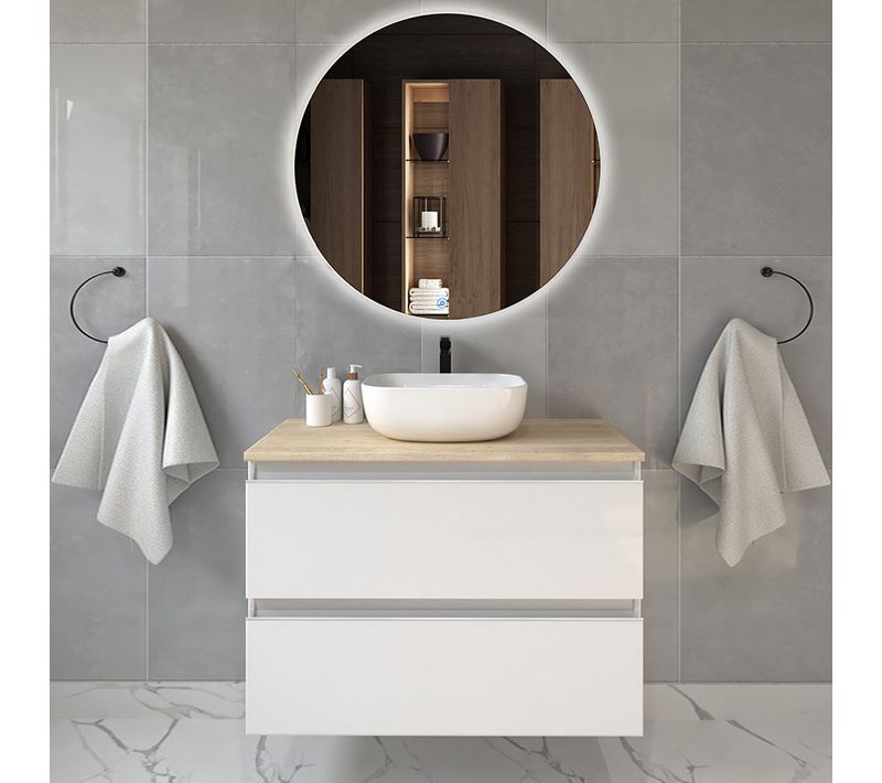 Meuble De Salle De Bain Avec Vasque à Poser Arrondie Balea Et Miroir Rond LED Solen - Blanc - 70cm