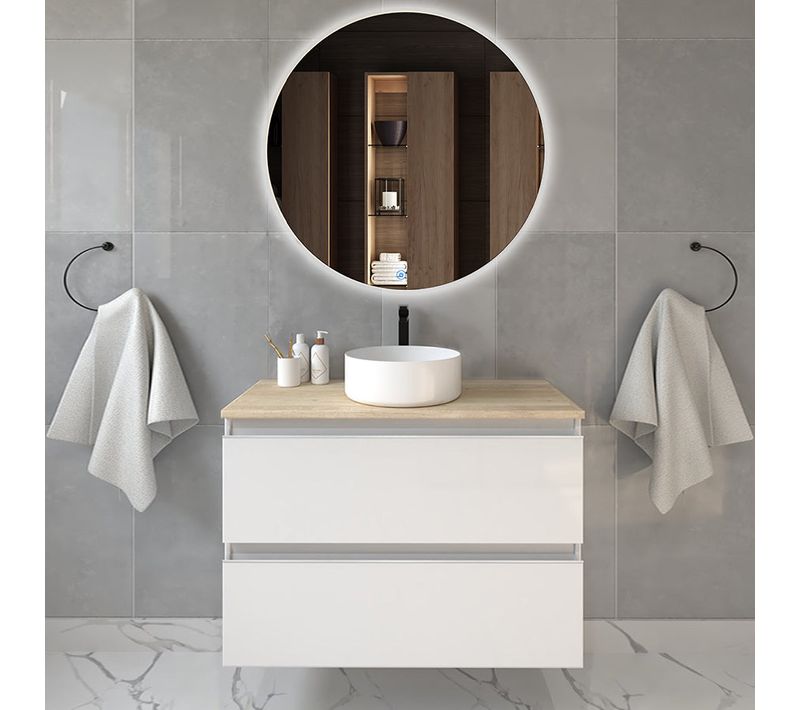 Meuble De Salle De Bain Avec Vasque à Poser Ronde Balea Et Miroir Rond LED Solen - Blanc - 70cm