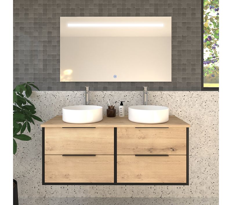 Meuble De Salle De Bain Avec Vasques Rondes Alba Et Miroir LED Stam - Noir - 120cm