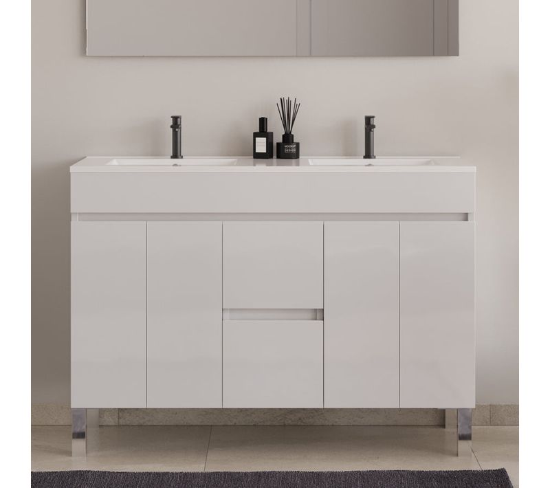 Meuble De Salle De Bain 120cm Double Vasque Sans Miroir Avec Portes Et Tiroirs - Blanc - Haro