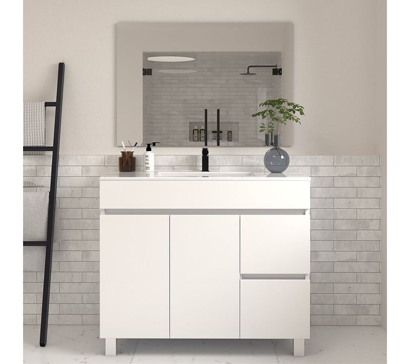 Meuble De Salle De Bain 100cm Simple Vasque Sur Pieds Avec Portes Et Tiroirs - Blanc - Haro