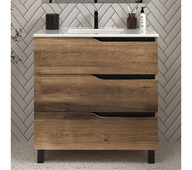 Meuble De Salle De Bain 60cm Simple Vasque - Sans Miroir - 3 Tiroirs - Tabaco (bois Foncé) - Mata