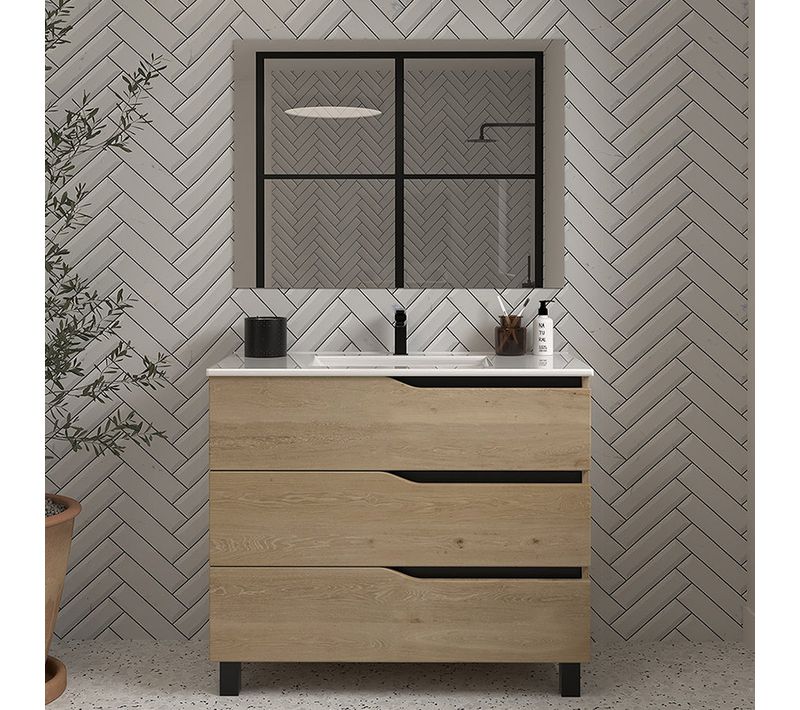 Meuble De Salle De Bain 80cm Simple Vasque - 3 Tiroirs - Madera Miel (bois Clair) - Mata