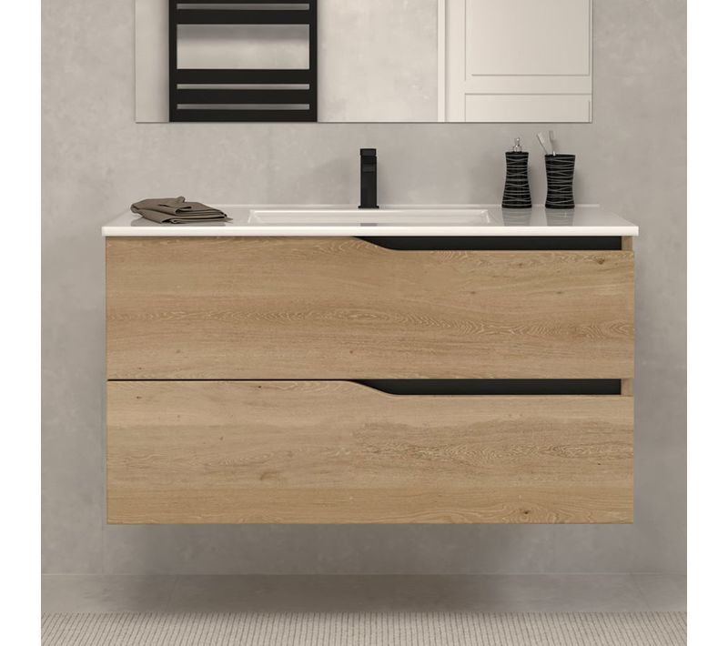 Meuble De Salle De Bain 100cm Simple Vasque - Sans Miroir - 2 Tiroirs - Madera Miel - Luna