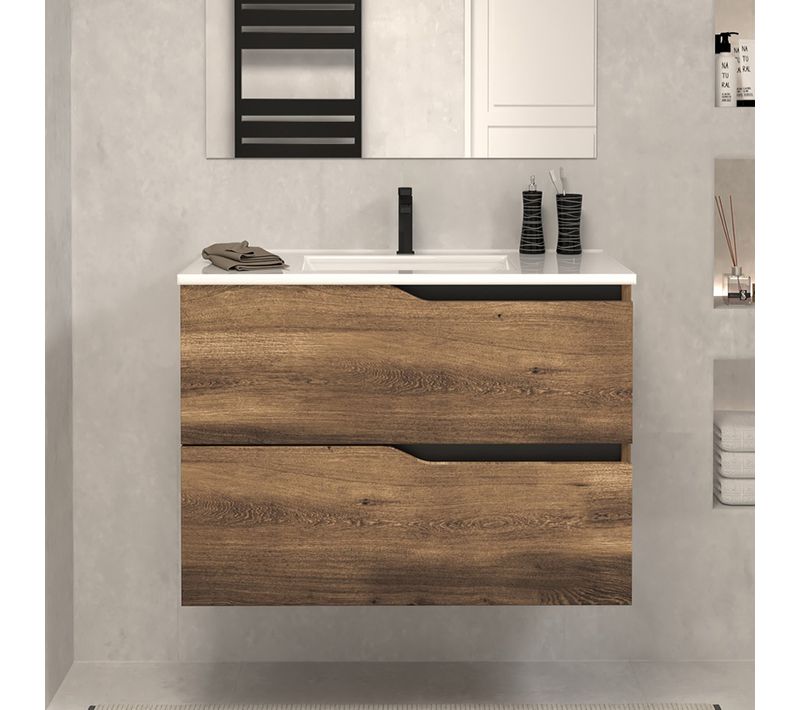 Meuble De Salle De Bain 60cm Simple Vasque - Sans Miroir - 2 Tiroirs - Tabaco (bois Foncé) - Luna