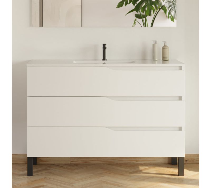 Meuble De Salle De Bain 120cm Simple Vasque - Sans Miroir - 3 Tiroirs - Blanc - Mata