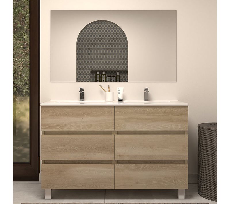 Meuble De Salle De Bain 120cm Double Vasque - 6 Tiroirs - Nebraska (bois Clair) - Mayor