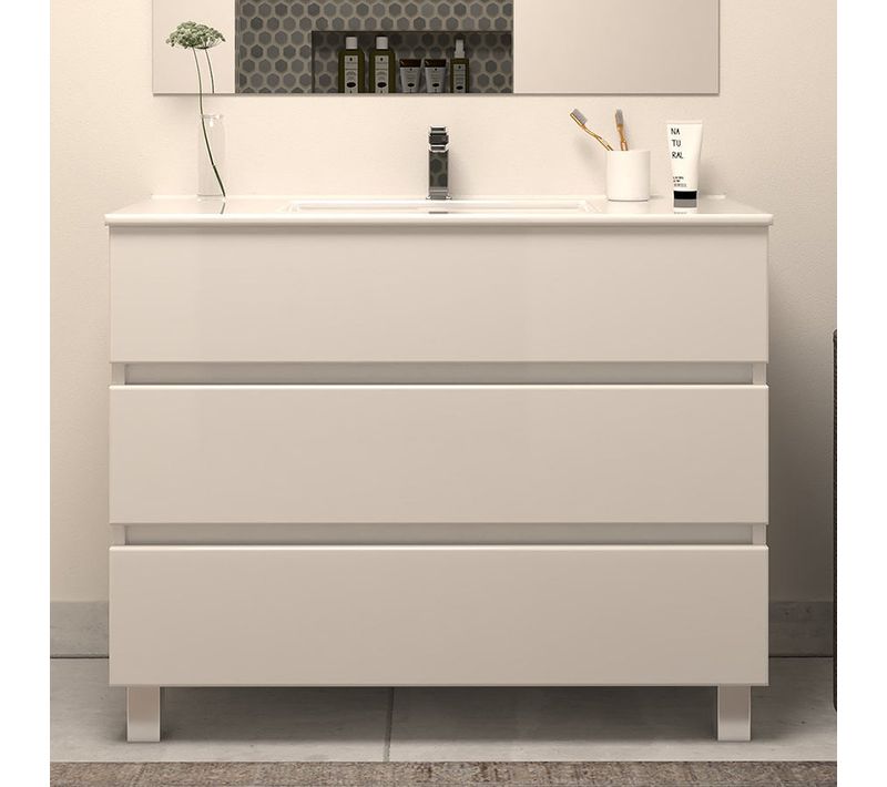 Meuble De Salle De Bain 100cm Simple Vasque - Sans Miroir - 3 Tiroirs - Blanc - Mayor