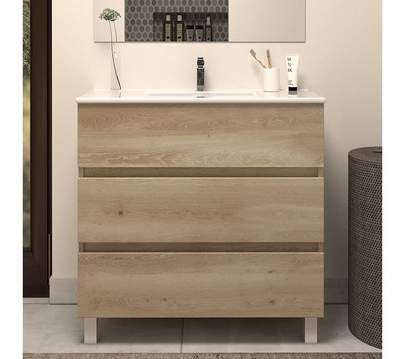 Meuble De Salle De Bain 60cm Simple Vasque - Sans Miroir - 3 Tiroirs - Nebraska (bois Clair) - Mayor