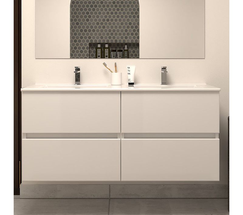 Meuble De Salle De Bain 120cm Double Vasque - Sans Miroir - 4 Tiroirs - Blanc - Ida