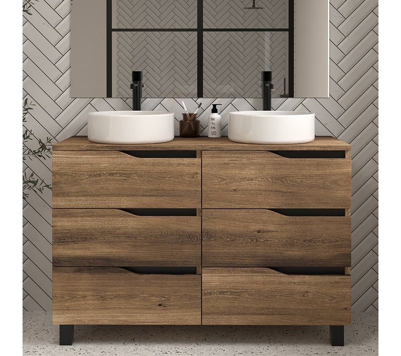 Meuble De Salle De Bain 120 Avec Plateau Et 2 Cuves - Sans Miroir - Bois Foncé - Mata