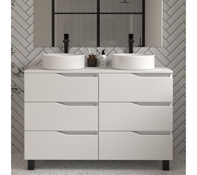 Meuble De Salle De Bain 120 Avec 2 Cuves - Sans Miroir - 6 Tiroirs - Blanc - Mata