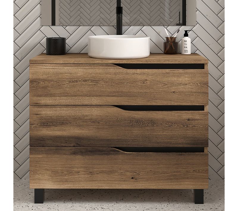 Meuble De Salle De Bain 100 Avec Plateau Et Cuve - Sans Miroir - Bois Foncé - Mata