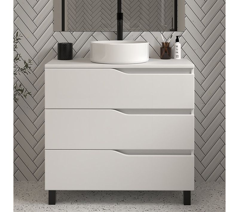 Meuble De Salle De Bain 80 Avec Plateau Et Vasque à Poser - Sans Miroir - 3 Tiroirs - Blanc - Mata