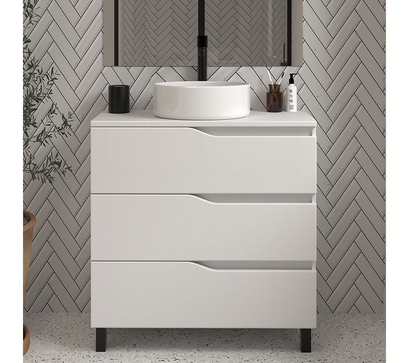 Meuble De Salle De Bain 60 Avec Plateau Et Cuve - Sans Miroir - 3 Tiroirs - Blanc - Mata