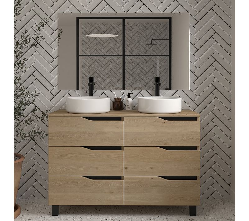 Meuble De Salle De Bain 120 Avec Plateau Et 2 Vasques à Poser - 6 Tiroirs - Bois Clair - Mata