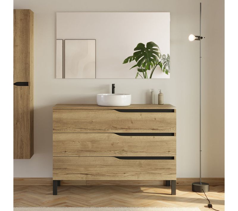 Meuble De Salle De Bain 120 Avec Plateau Et Vasque à Poser - 3 Tiroirs - Bois Clair - Mata
