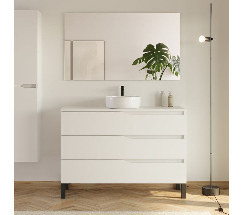 Meuble De Salle De Bain 120 Avec Plateau Et Vasque à Poser - 3 Tiroirs - Blanc - Mata