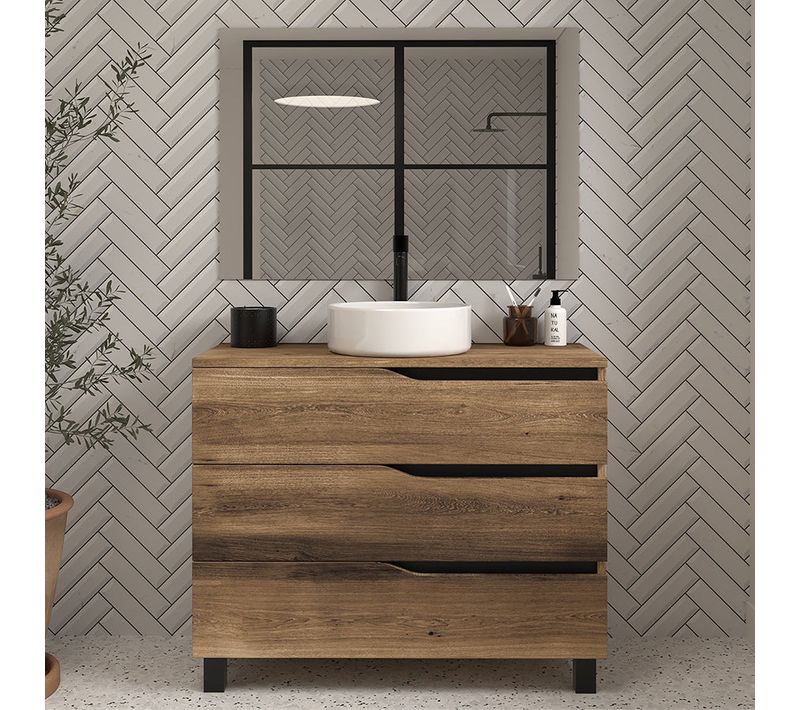 Meuble De Salle De Bain 100 Avec Plateau Et Vasque à Poser - 3 Tiroirs - Tabaco (bois Foncé) - Mata