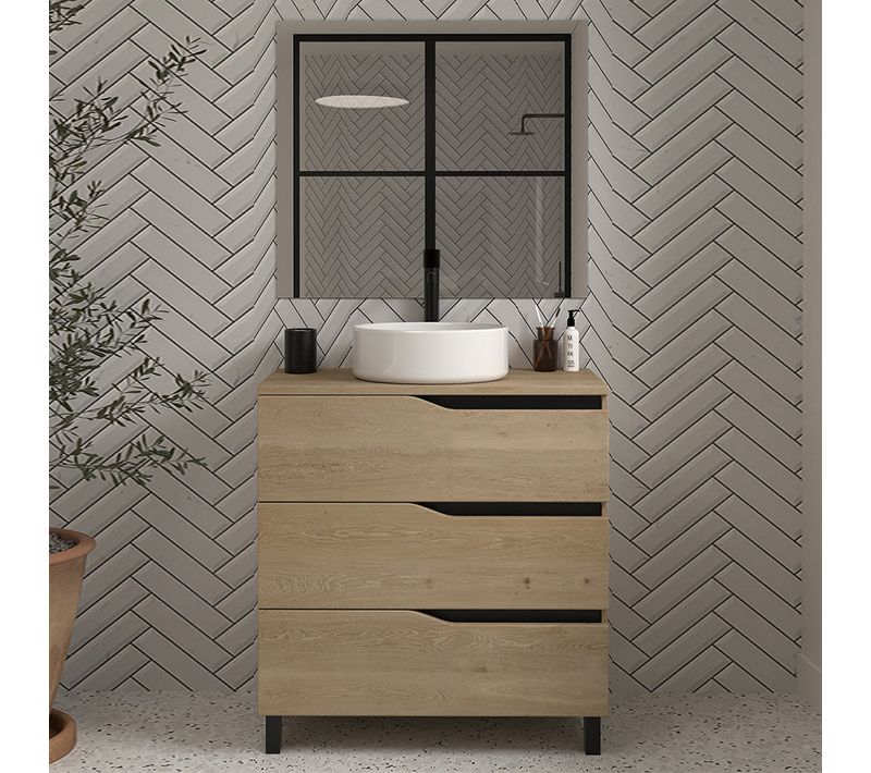 Meuble De Salle De Bain 80 Avec Plateau Et Vasque à Poser - 3 Tiroirs - Bois Clair - Mata