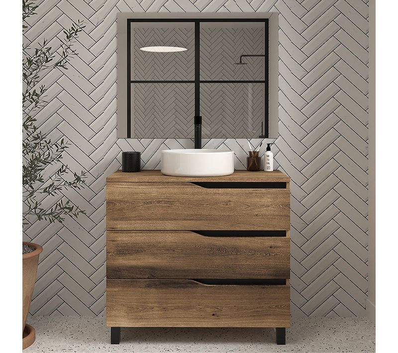 Meuble De Salle De Bain 60 Avec Plateau Et Vasque à Poser - 3 Tiroirs - Tabaco (bois Foncé) - Mata